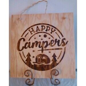 Handmade Happy Campers Home Decor Wood Burnished 12 X 12" Plaque Wall Hanging